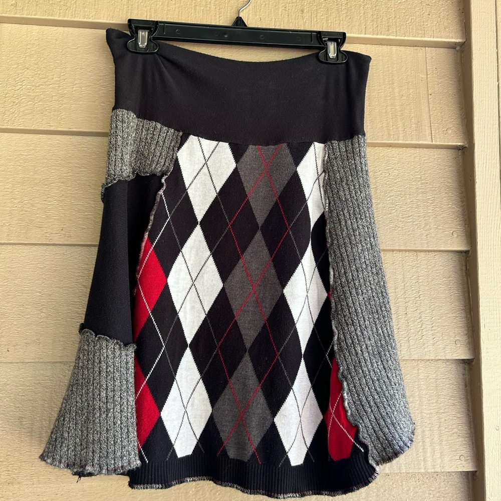 Do-Over Designs skirt. Argyle with patches in multiple fabrics Sz M